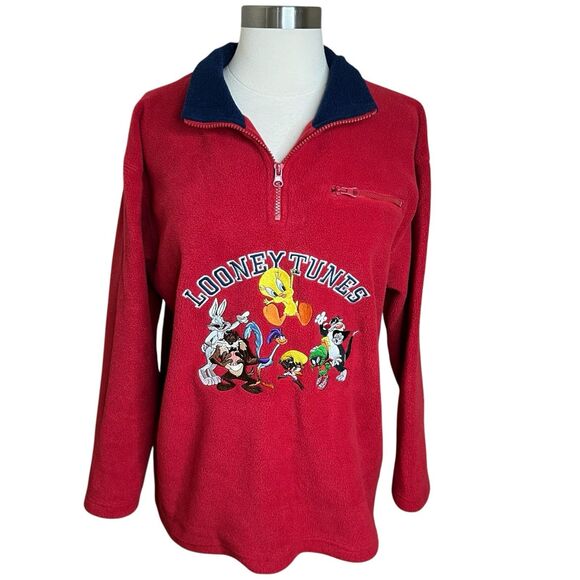 VTG Warner Bros Fleece Jacket Womens Small Red Quarter Zip Looney Tunes Tweety - Picture 1 of 10